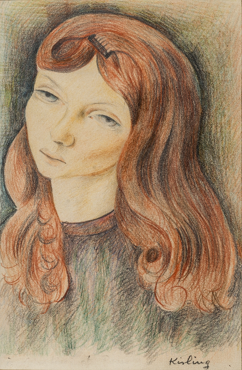 176 - Moïse KISLING. Portrait de jeune fille rousse. Dessin aux crayons. Adjugé 5 600€