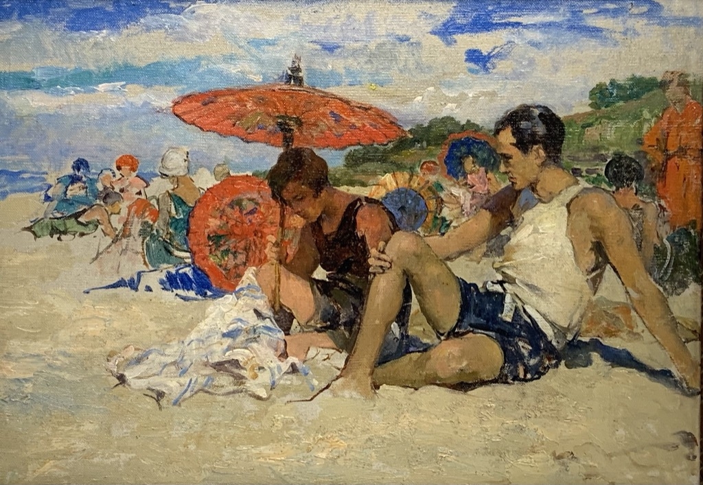 Lot 118 : Attribué à Marie LUCAS-ROBIQUET (1858-1959) "Jeune femme à l'ombrelle japonaise sur une plage". Huile sur toile. Non signée. 33 x 45 cm. Expert : Cabinet Chanoit, Paris. Adjugé : 3750€ avec frais