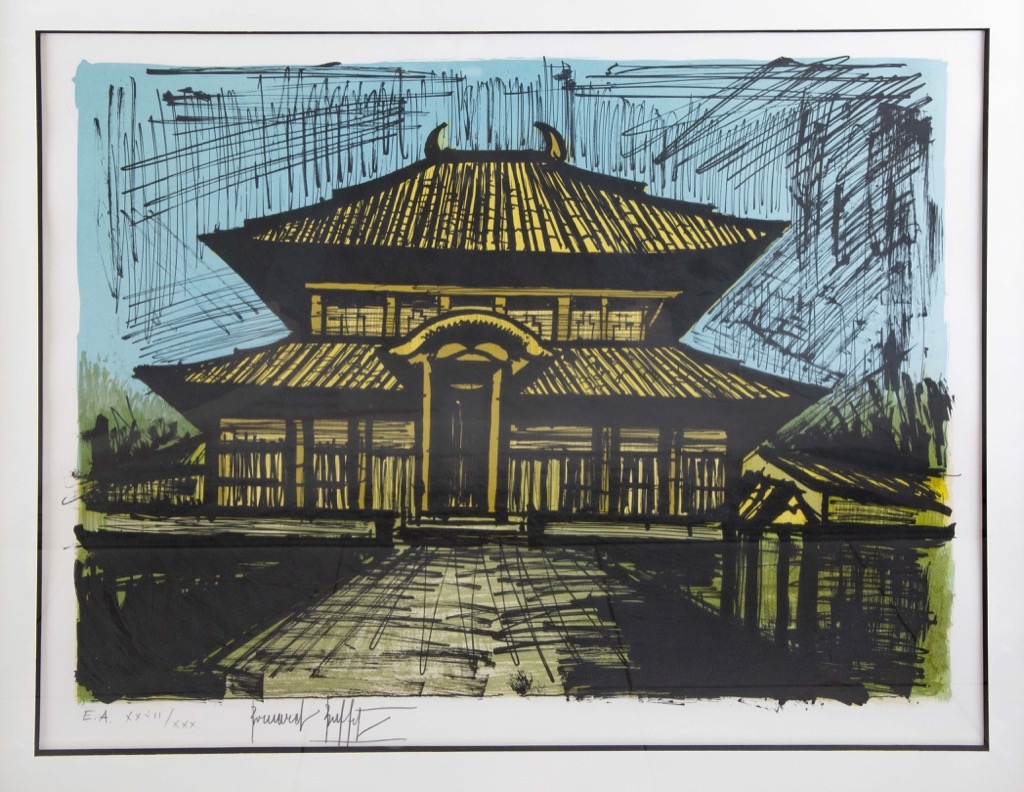 Lot 156 : Bernard BUFFET (1928-1999) "Pagode". Lithographie en couleurs signée au crayon par l'artiste et numérotée E.A. XXVII/XXX. 56x75cm. Adjugé : 1313€ avec frais
