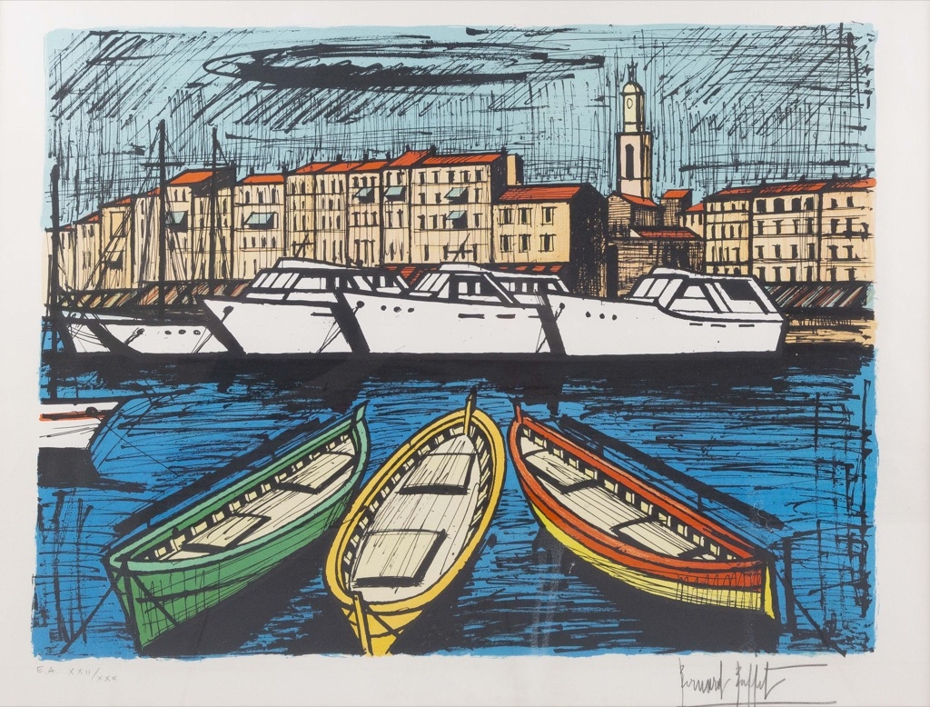 Lot 157 : Bernard BUFFET (1928-1999) " Saint Tropez, les quais". Lithographie en couleurs signée au crayon par l'artiste, numérotée E.A. XXII/XXX. A vue 57x75cm. Adjugé : 2875€ avec frais