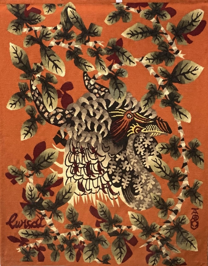 Lot 89 : Jean LURÇAT (1892-1966). « Tête du coq blanc » Tapisserie polychrome tissée par Tabard frères et sœurs à Aubusson. Signée sur la tapisserie. H. 100 cm L. 80 cm Adjugé : 4375€ avec frais