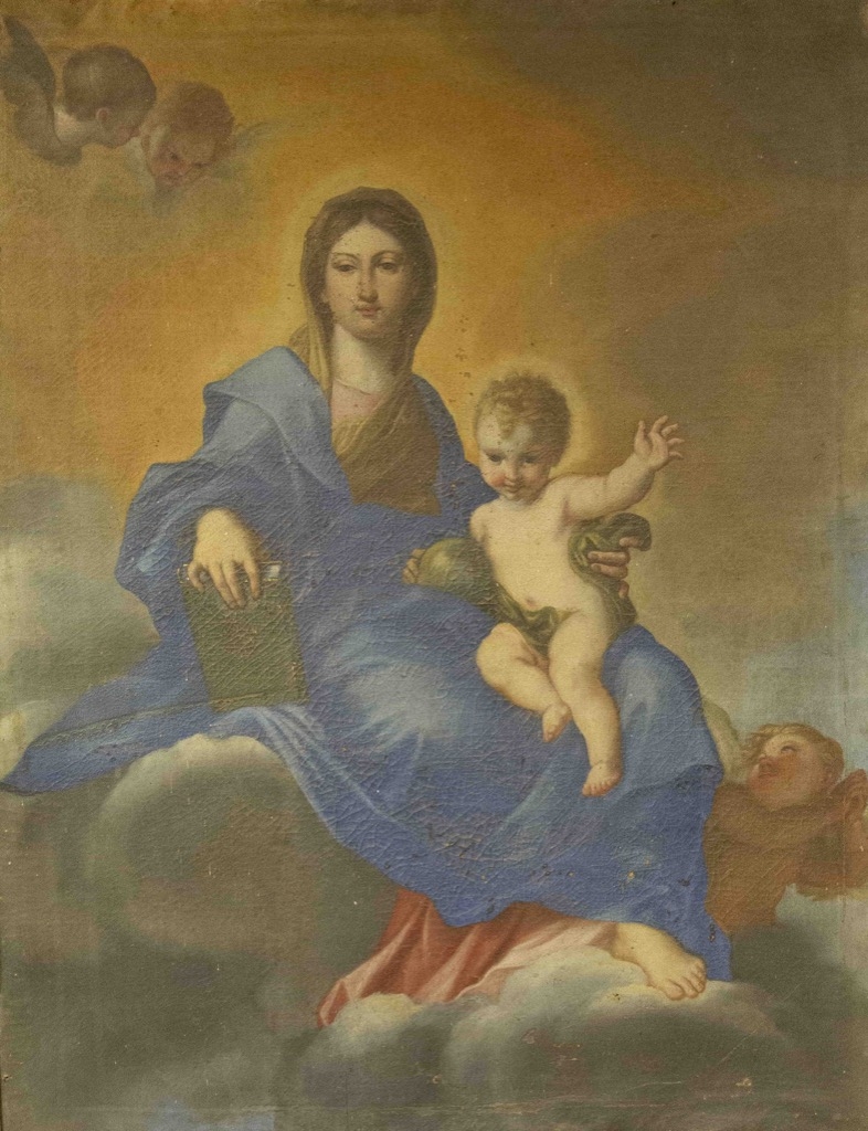 121- Ecole romaine du XVIIème. Vierge à l'enfant dans les nuées. Huile sur toile. 73x57,5cm. Adjugé 2100€